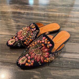 Anthropologie Floral Embroidered Mules - Black and Multicolor